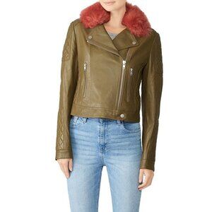 Samantha Sipos Green Leather Faux Fur Biker Jacket Women's Size Medium M